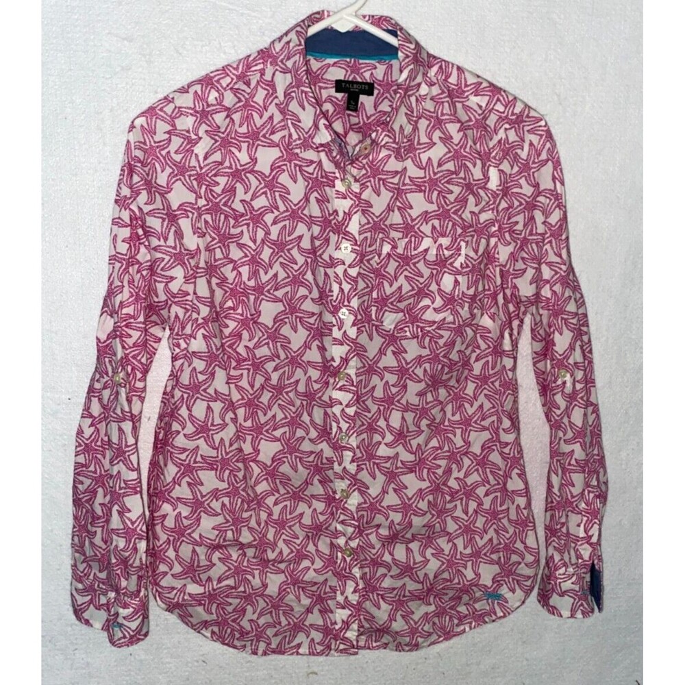 Talbots White Pink Starfish Print Roll Tab Sleeve Button Up Pocket Sz S Petite